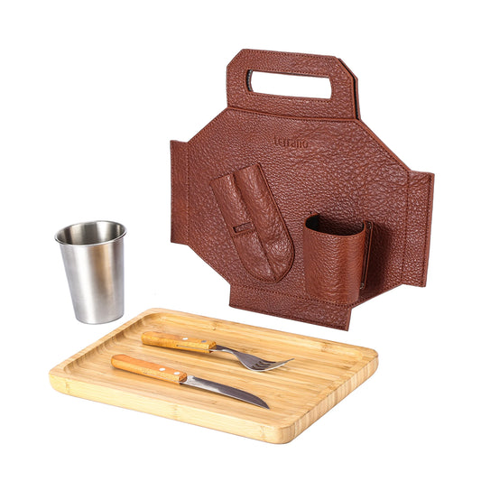 Set Parrilla Asador Camping Vaso y Cubiertos Terrano - Marrón