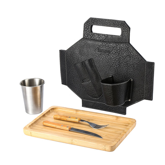 Set Parrilla Asador Camping Vaso y Cubiertos Terrano - Negro