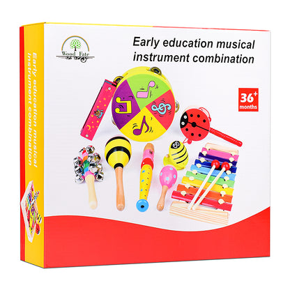 Set de 9 instrumentos musicales de madera en cajón