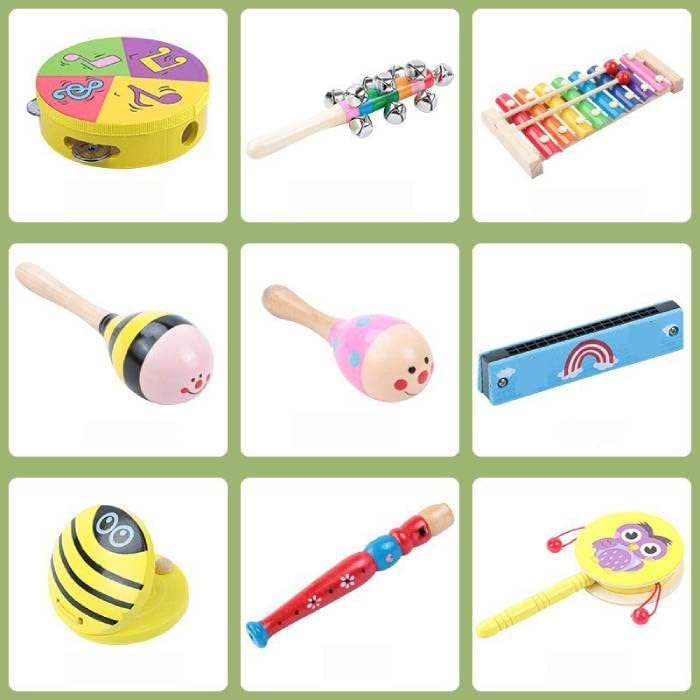 Set de 9 instrumentos musicales de madera en cajón