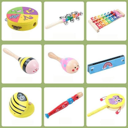 Set de 9 instrumentos musicales de madera en cajón