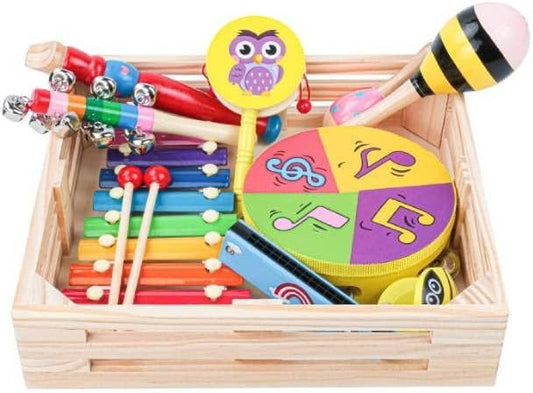 Set de 9 instrumentos musicales de madera en cajón