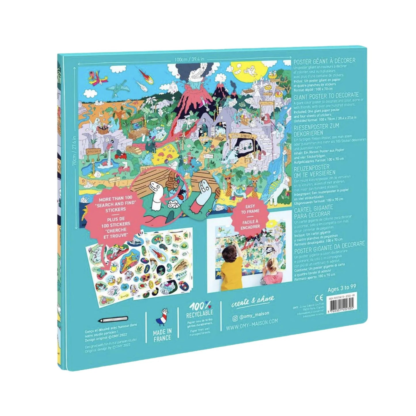 Poster gigante Dinos + 100 stickers Omy
