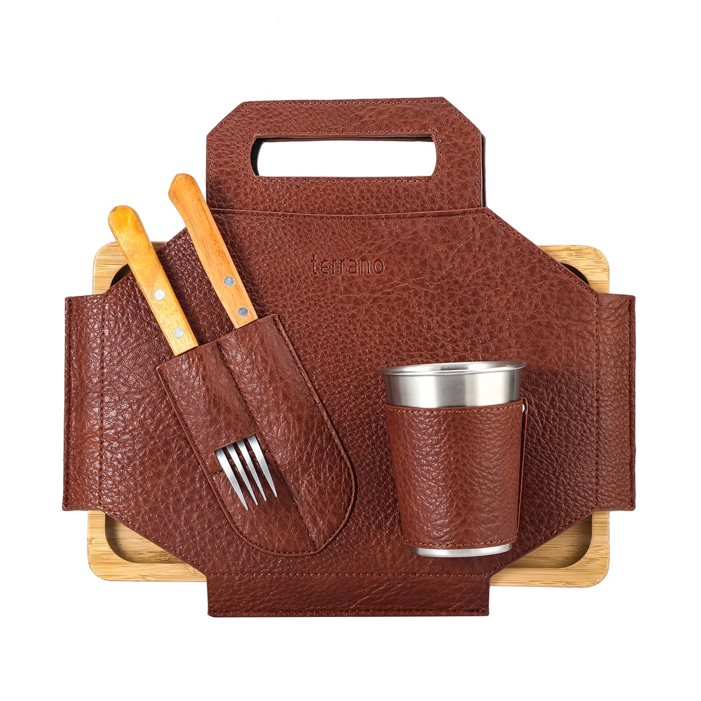 Set Parrilla Asador Camping Vaso y Cubiertos Terrano - Marrón