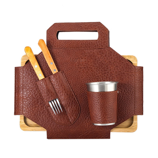 Set Parrilla Asador Camping Vaso y Cubiertos Terrano - Marrón
