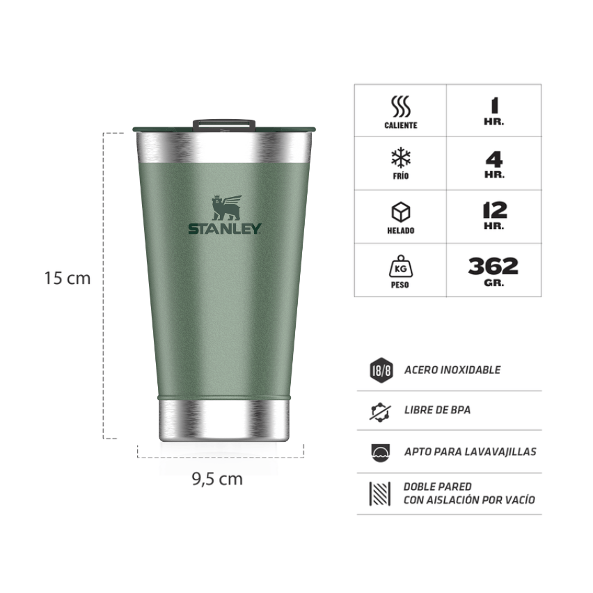 Vaso Cervecero Beer Pint Stanley Acero Inoxidable con Destapador - Verde